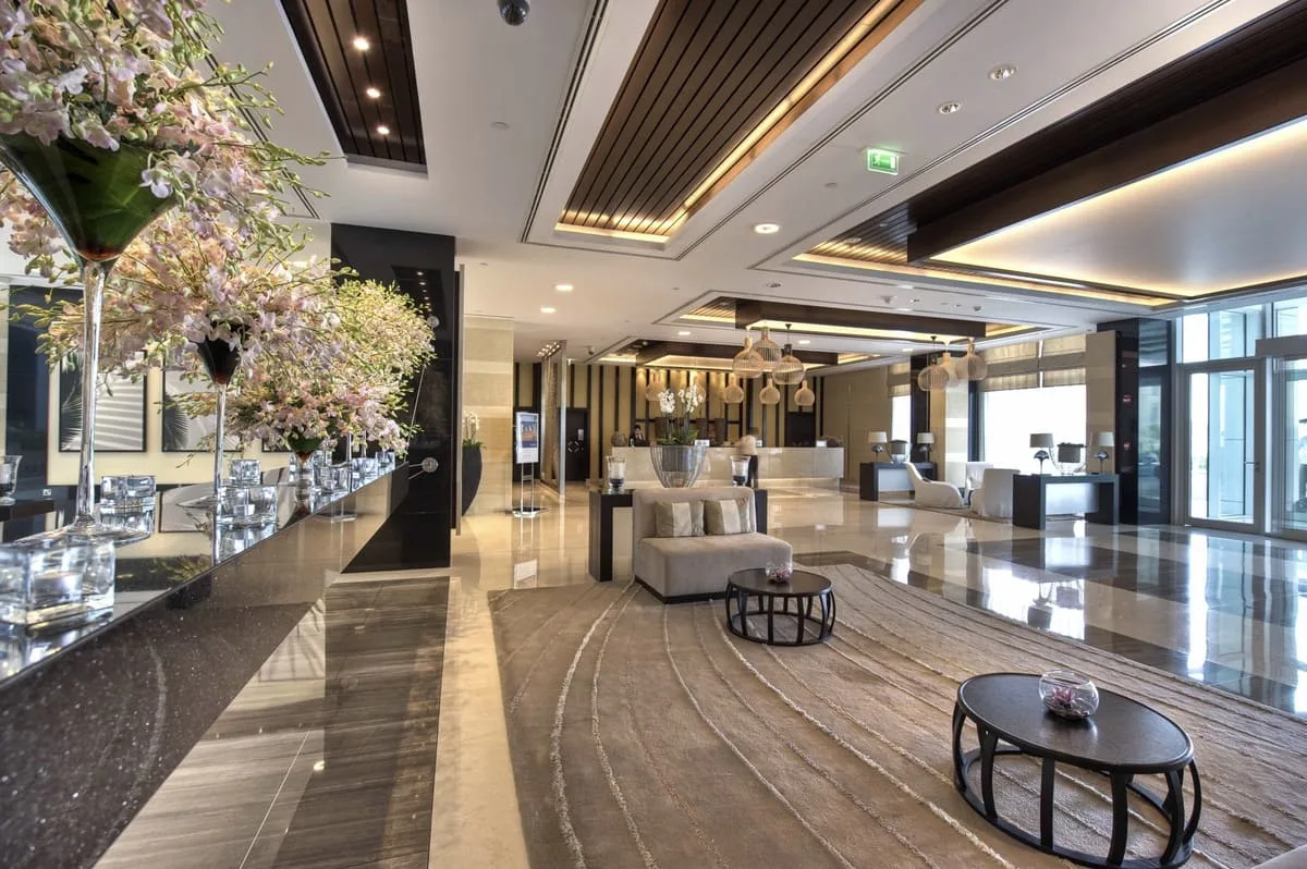 Luxury hotel lobby in Downtown Dubai for discreet escort services