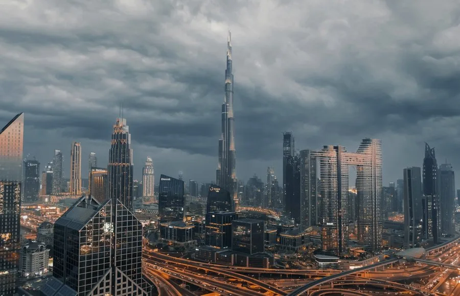 Downtown Dubai street with Burj Khalifa in backgr…